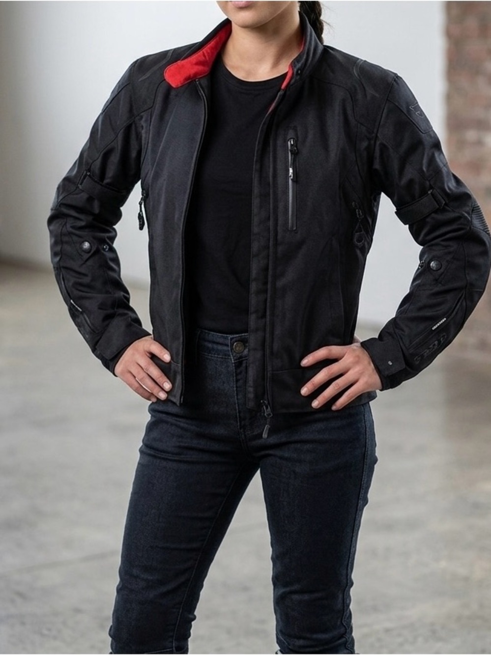 Oxford Women's Black Moto Jacket with Red Collar Accent